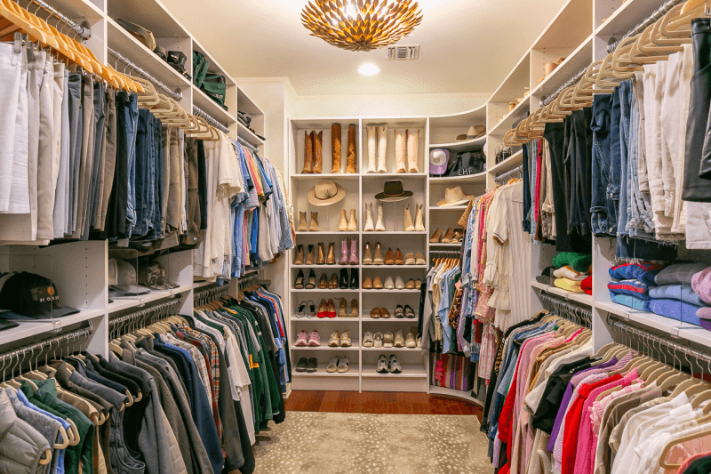 Custom Walk-In closet_double hang closet_shoe shelves_closet lighting Custom walk in closet